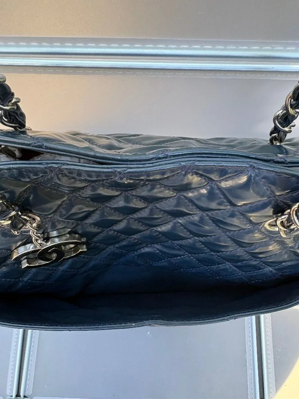 CHANEL Navy Blue Quilted Patent Leather Tote Bag Silver Chain Shoulder Bag - Picture 2 of 16